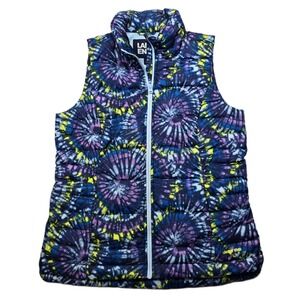 Lands End Down Puffer Vest Womens Small 4-6 Tie Dye Print Navy Blue Red‎
